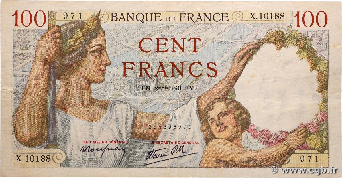 100 Francs SULLY FRANCE  1940 F.26.28 F+