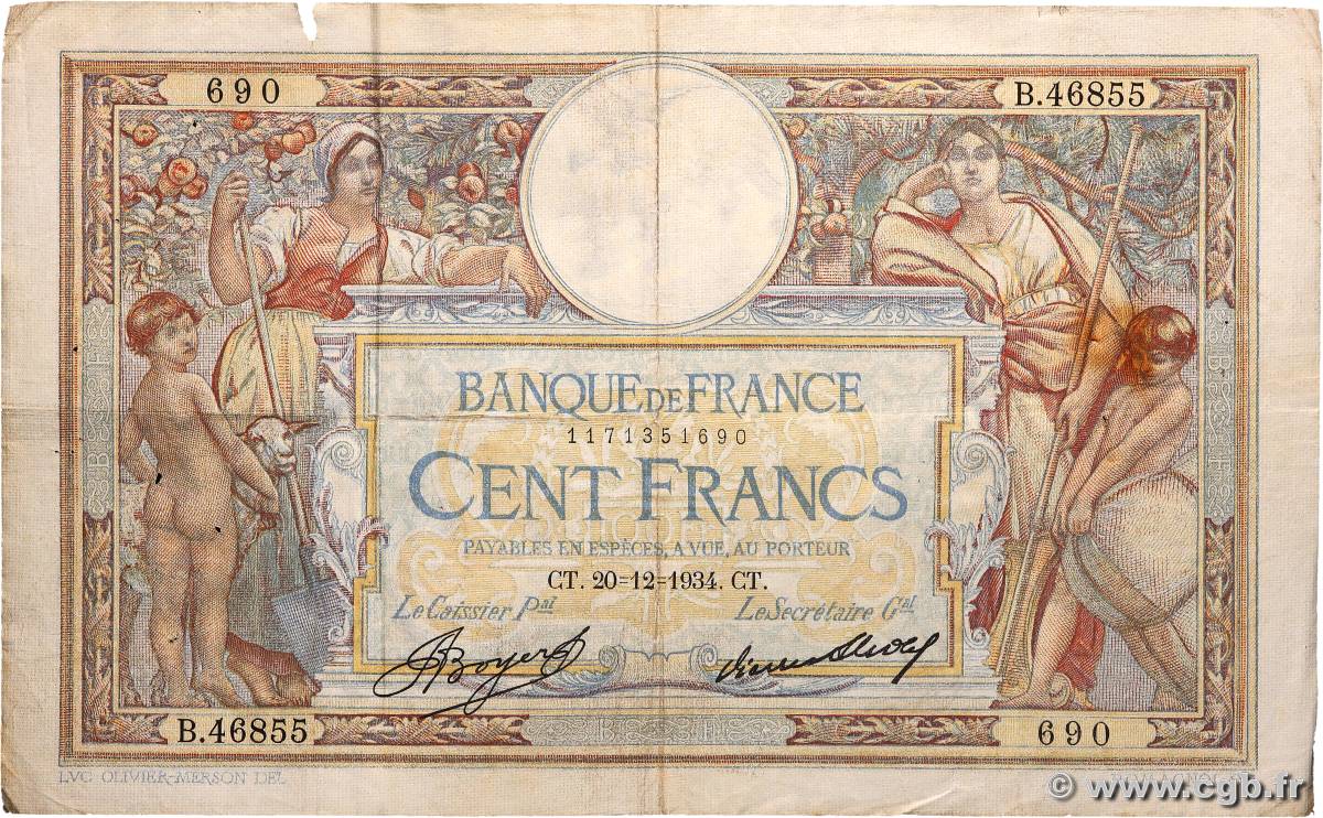 100 Francs LUC OLIVIER MERSON grands cartouches FRANCIA  1934 F.24.13 BC