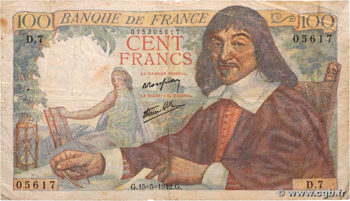 100 Francs DESCARTES FRANCE  1942 F.27.01 F