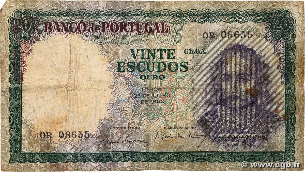 20 Escudos PORTUGAL  1960 P.163a B+