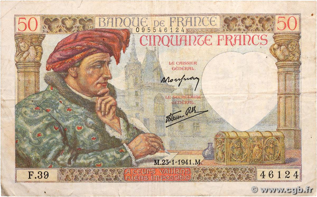 50 Francs JACQUES CŒUR FRANCE  1941 F.19.05 TB