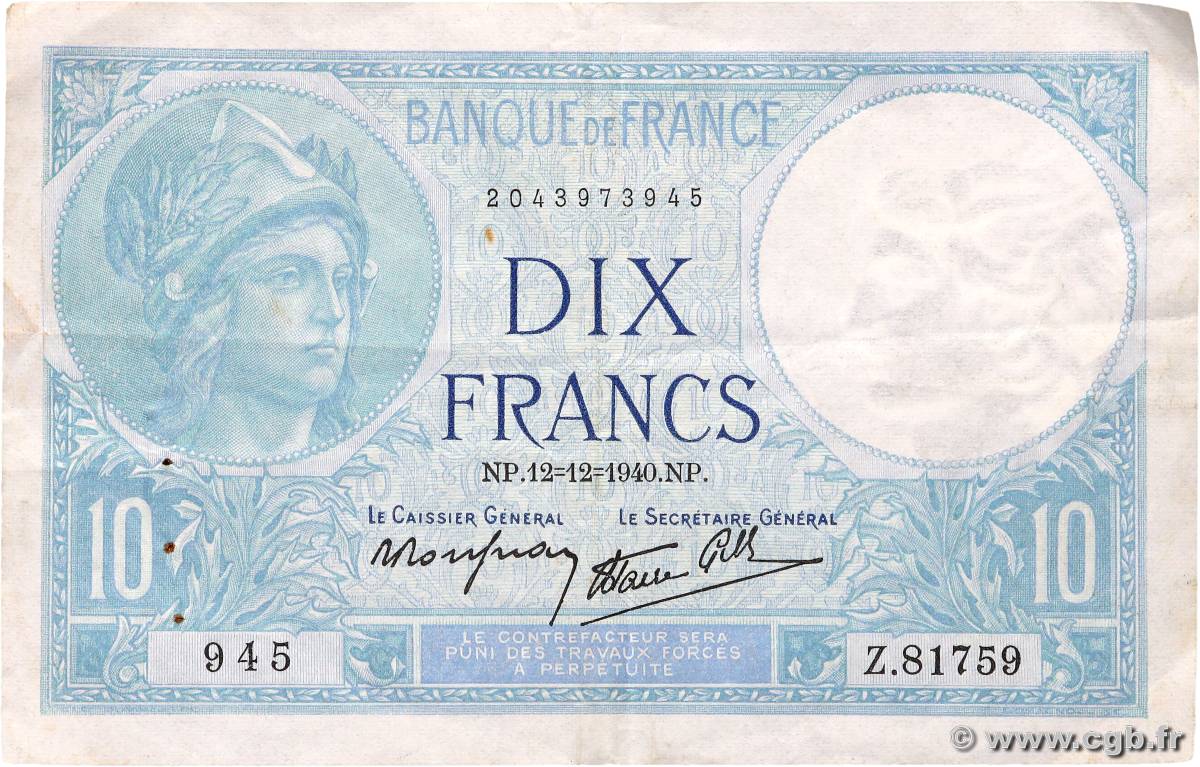 10 Francs MINERVE modifié FRANCIA  1940 F.07.24 BB