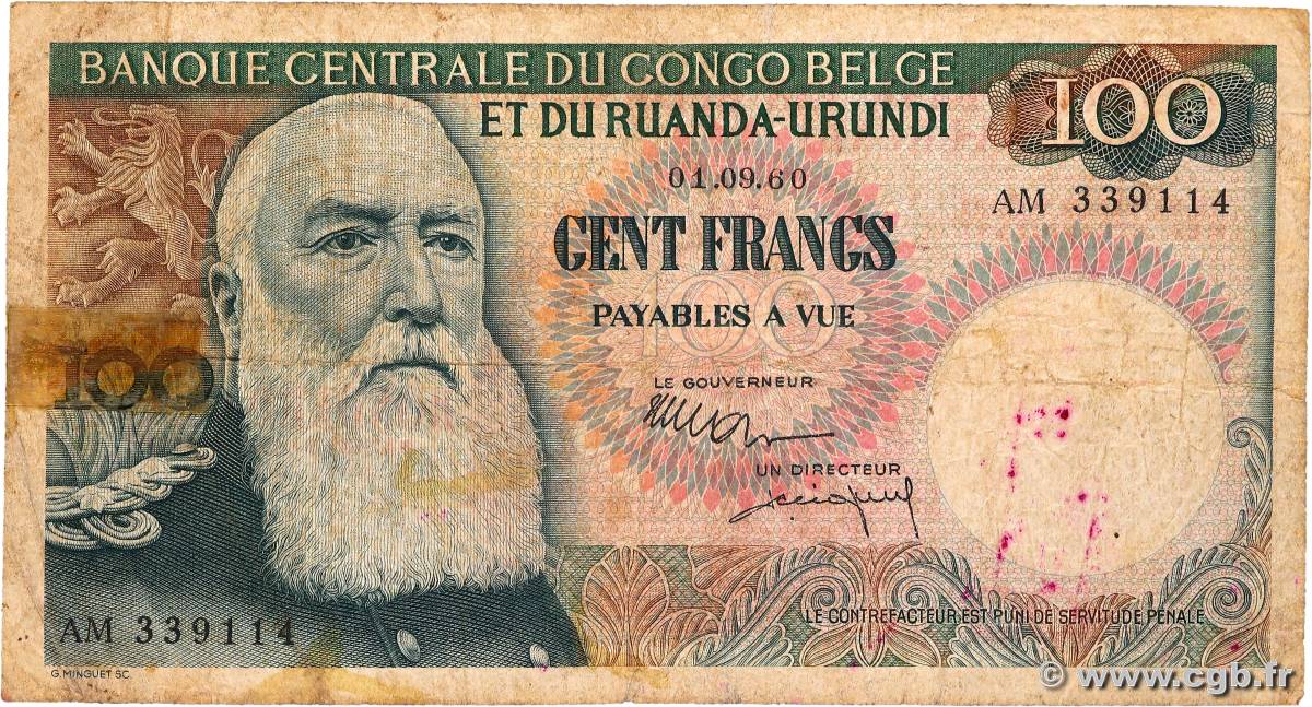 100 Francs CONGO BELGE  1960 P.33c B