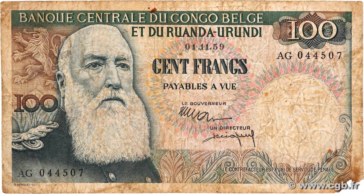 100 Francs CONGO BELGE  1959 P.33b pr.B