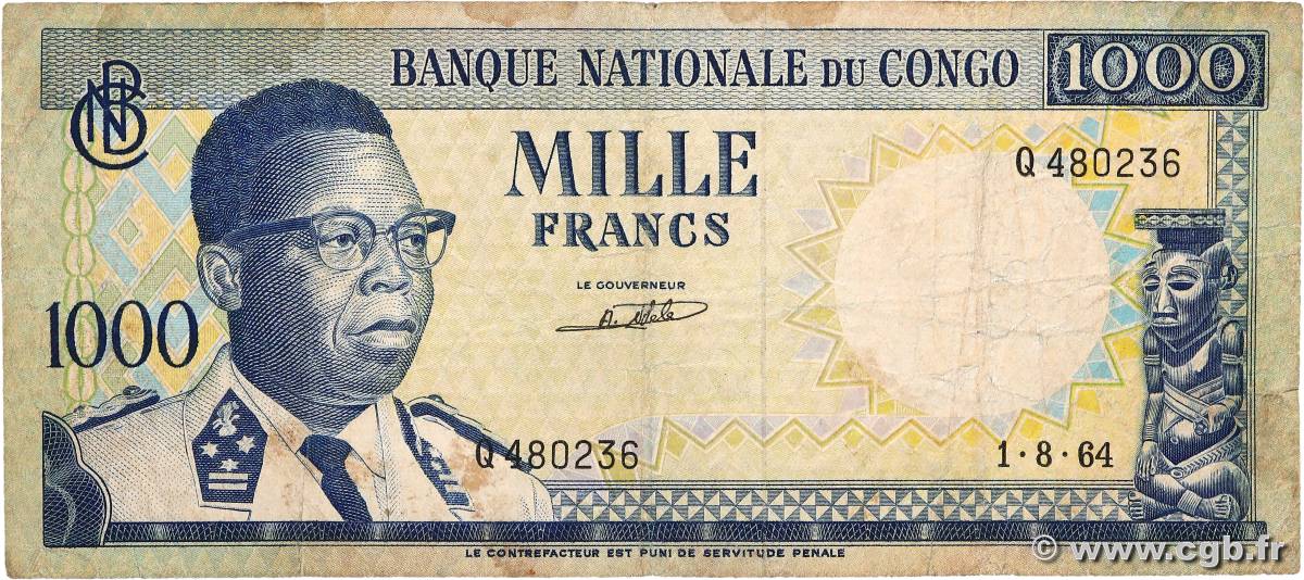 1000 Francs RÉPUBLIQUE DÉMOCRATIQUE DU CONGO  1964 P.008a B+