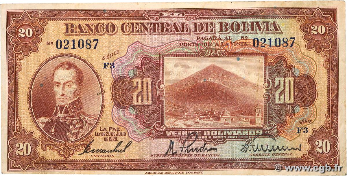 20 Bolivianos BOLIVIA  1928 P.122a BC