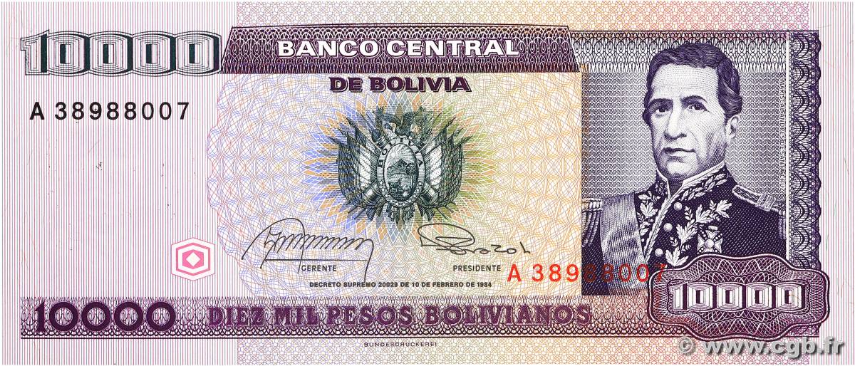 10000 Pesos Bolivianos BOLIVIA  1984 P.169a UNC