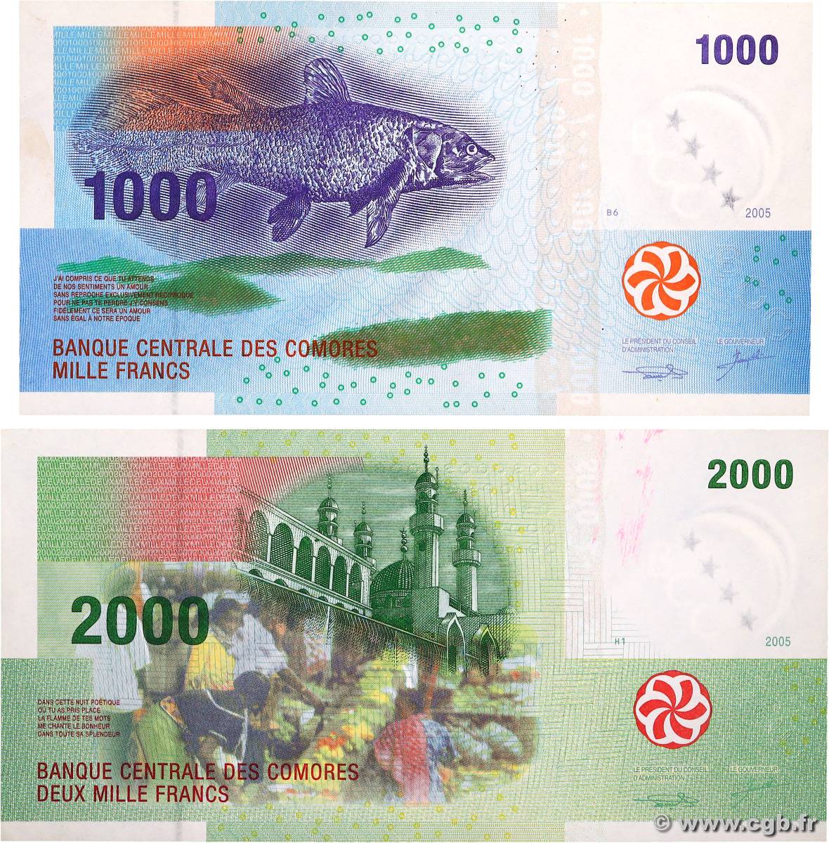 1000 et 2000 Francs Lot COMOROS  2005 P.16a et P.17 UNC