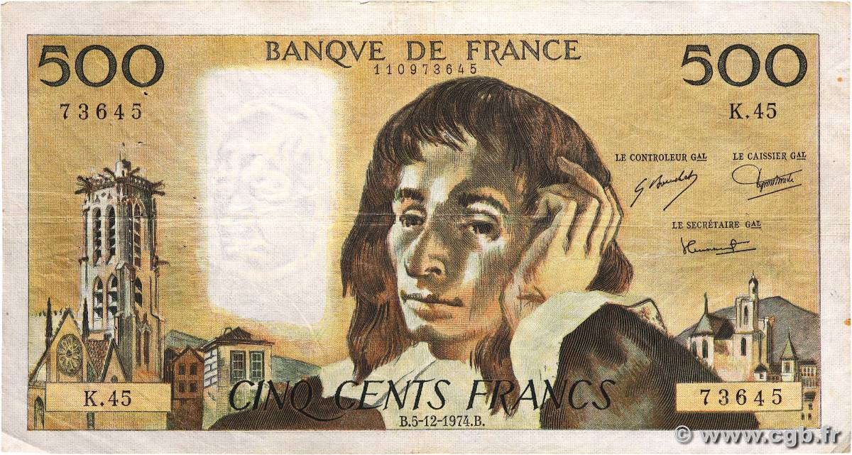500 Francs PASCAL FRANCE  1974 F.71.12 TB