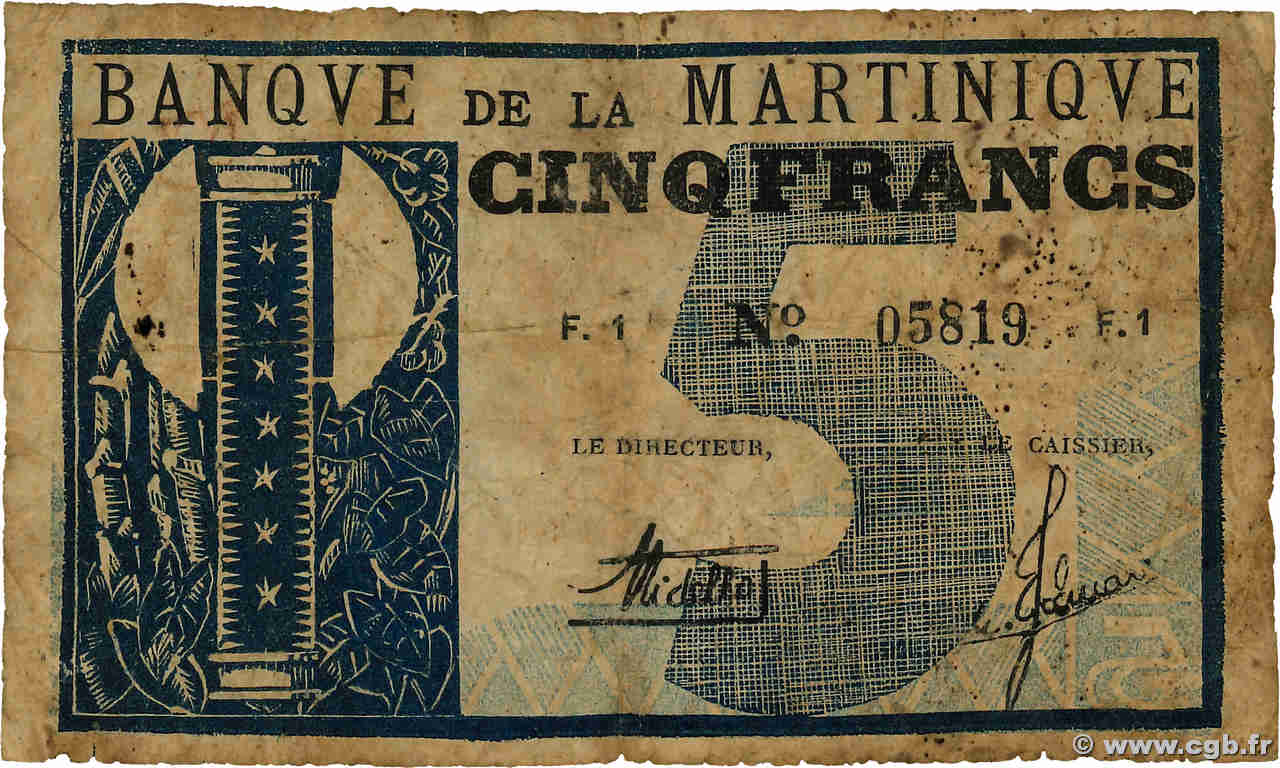 5 Francs MARTINIQUE  1941 P.16A RC