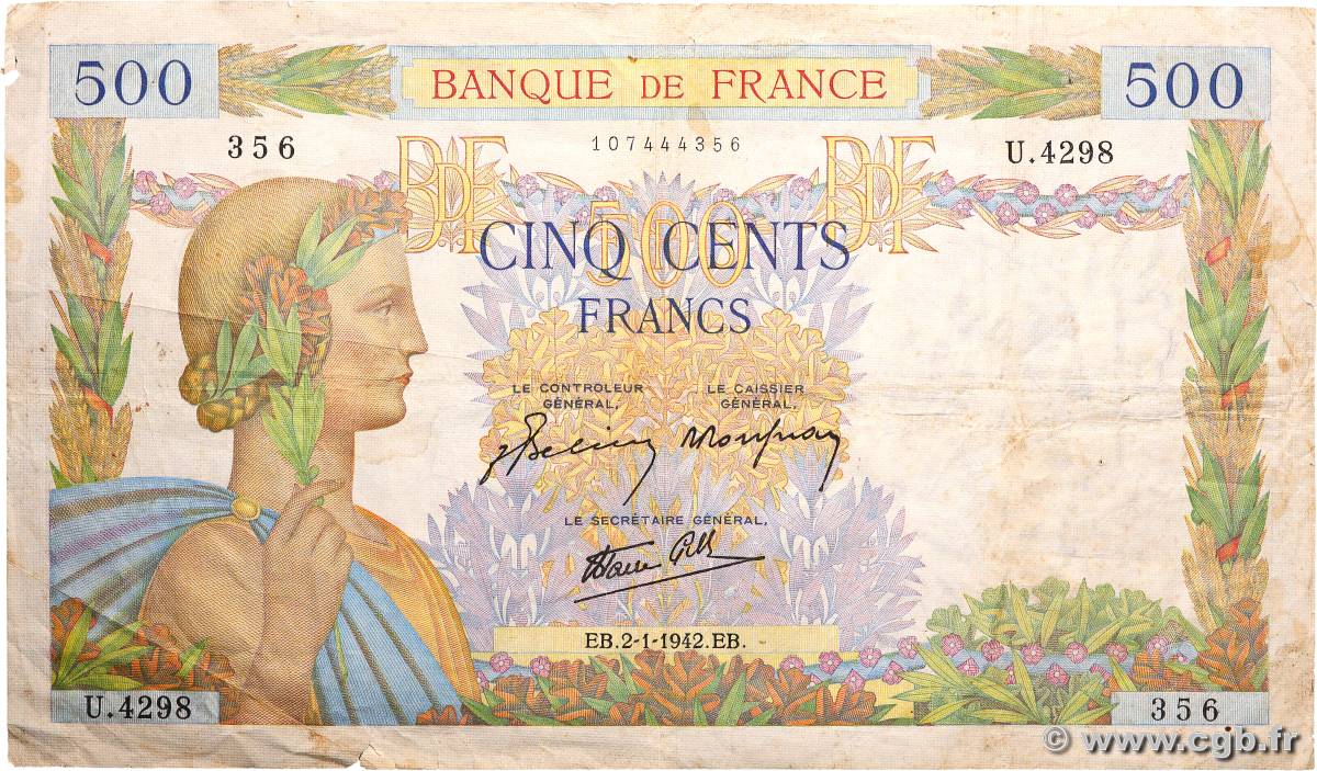 500 Francs LA PAIX FRANCE  1942 F.32.26 F