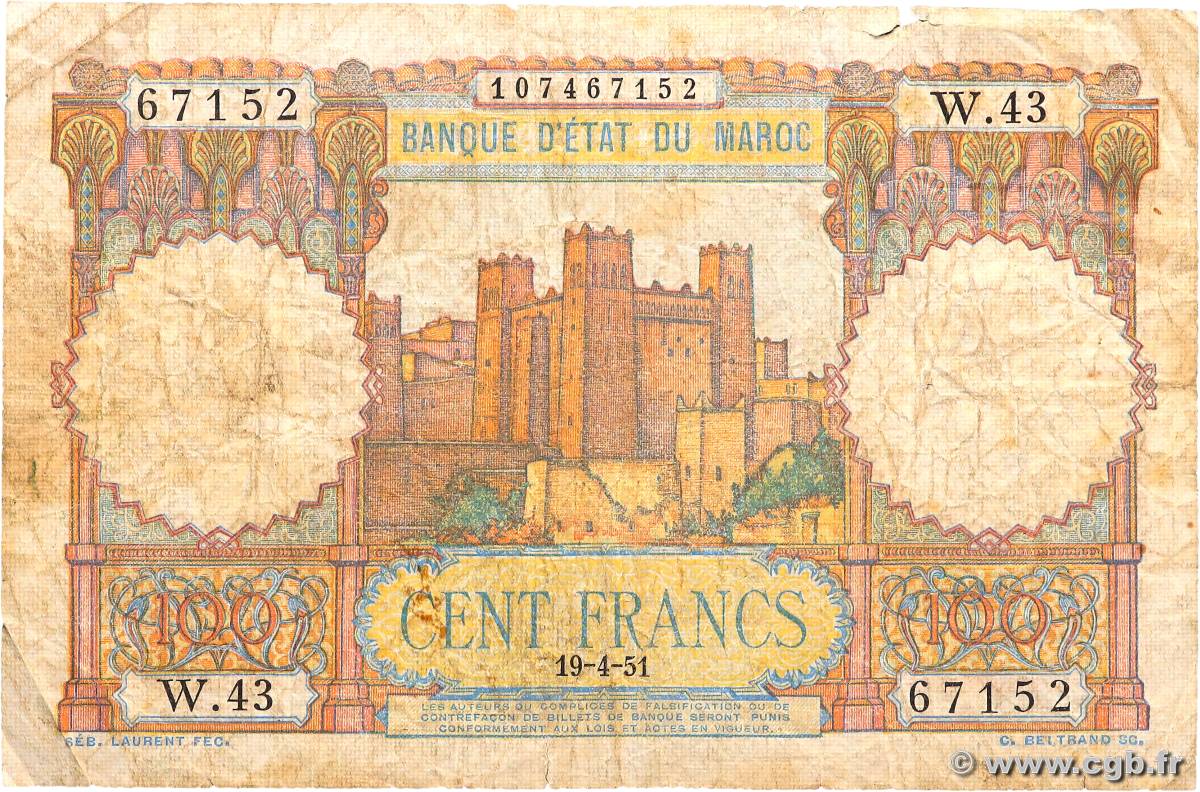 100 Francs MAROC  1951 P.45 B+