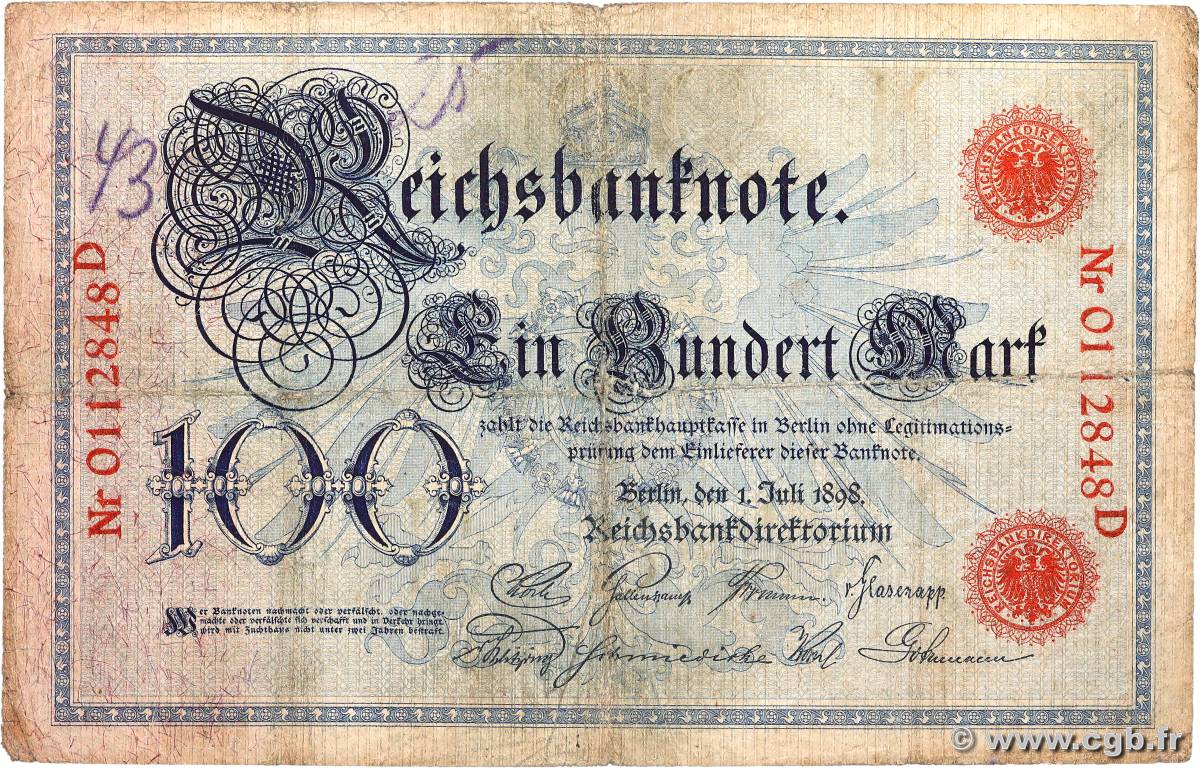 100 Mark ALLEMAGNE  1898 P.020a TB