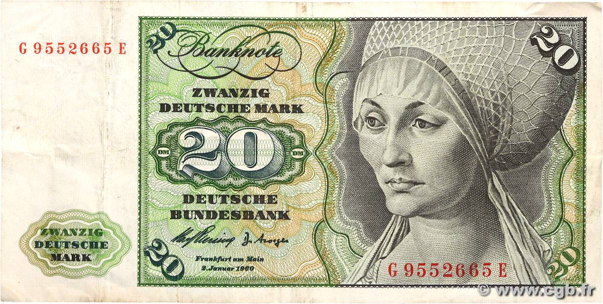 20 Deutsche Mark GERMAN FEDERAL REPUBLIC  1960 P.20a VF-