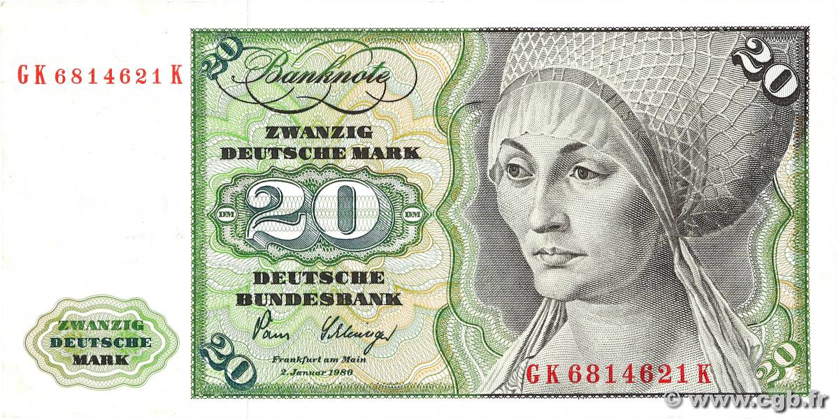 20 Deutsche Mark GERMAN FEDERAL REPUBLIC  1980 P.32d XF-