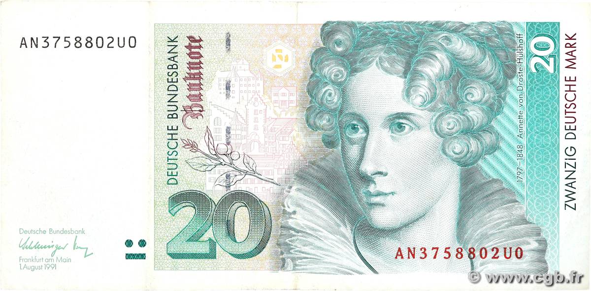 20 Deutsche Mark GERMAN FEDERAL REPUBLIC  1991 P.39a VF