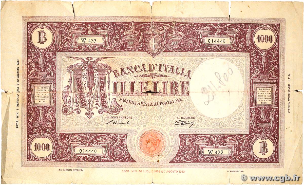1000 Lire ITALIE  1946 P.072c B