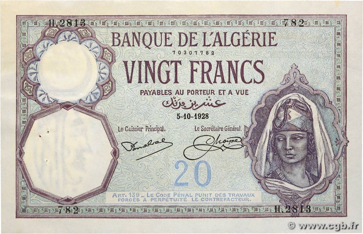 20 Francs ALGERIA  1928 P.078b XF