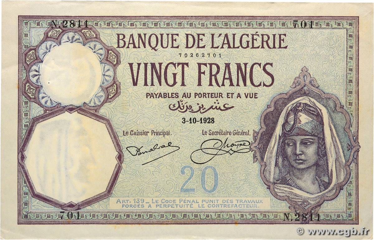 20 Francs ALGÉRIE  1928 P.078b SUP