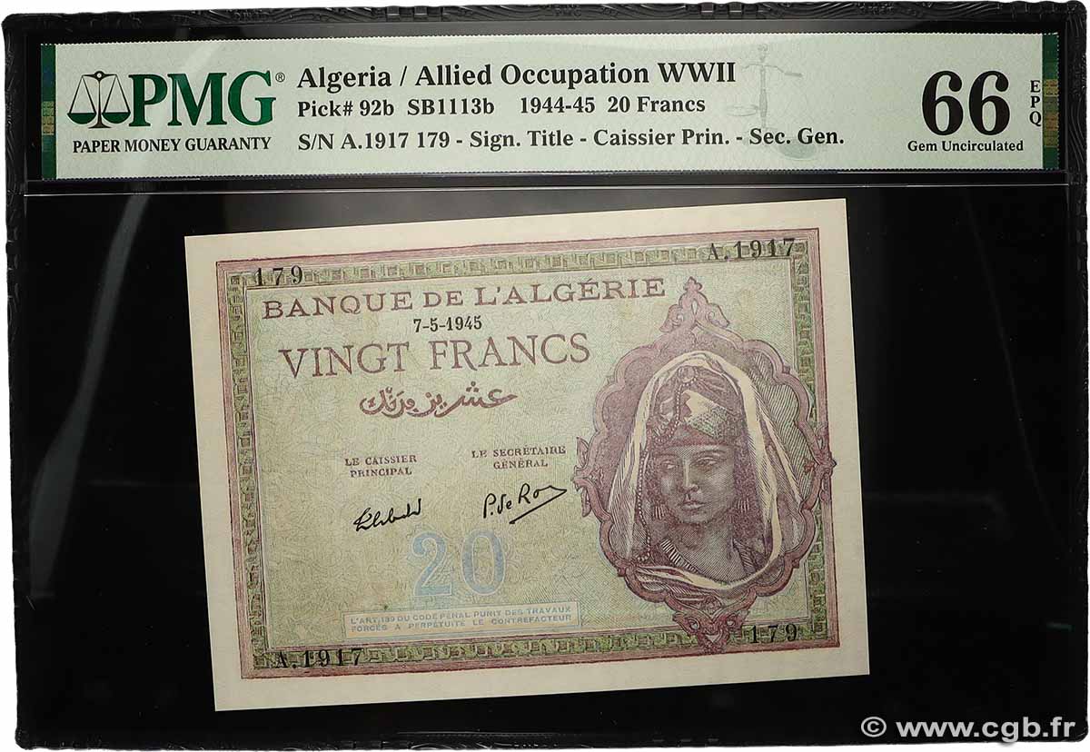 20 Francs ALGERIEN  1945 P.092b ST