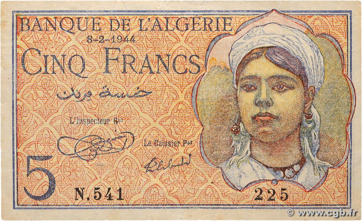 5 Francs ALGÉRIE  1944 P.094a TTB