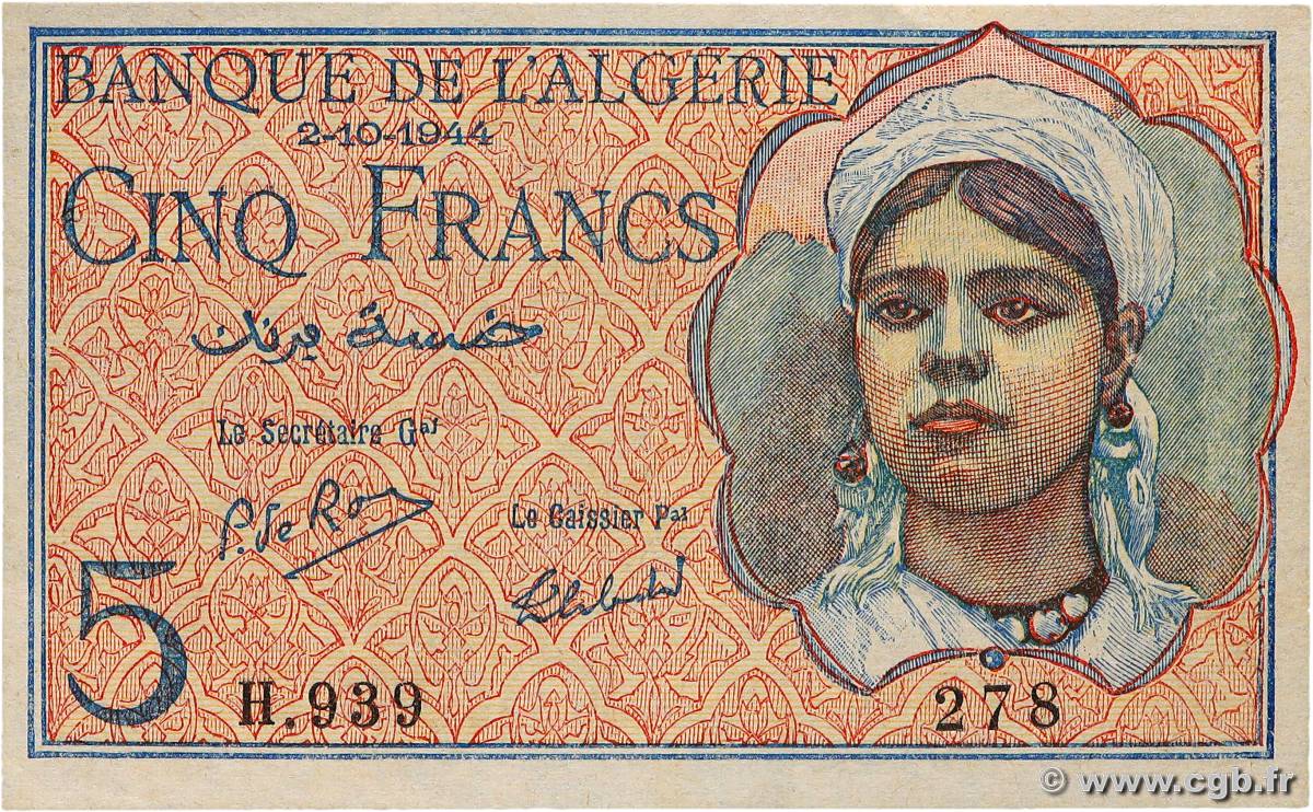 5 Francs ALGÉRIE  1944 P.094b pr.SPL