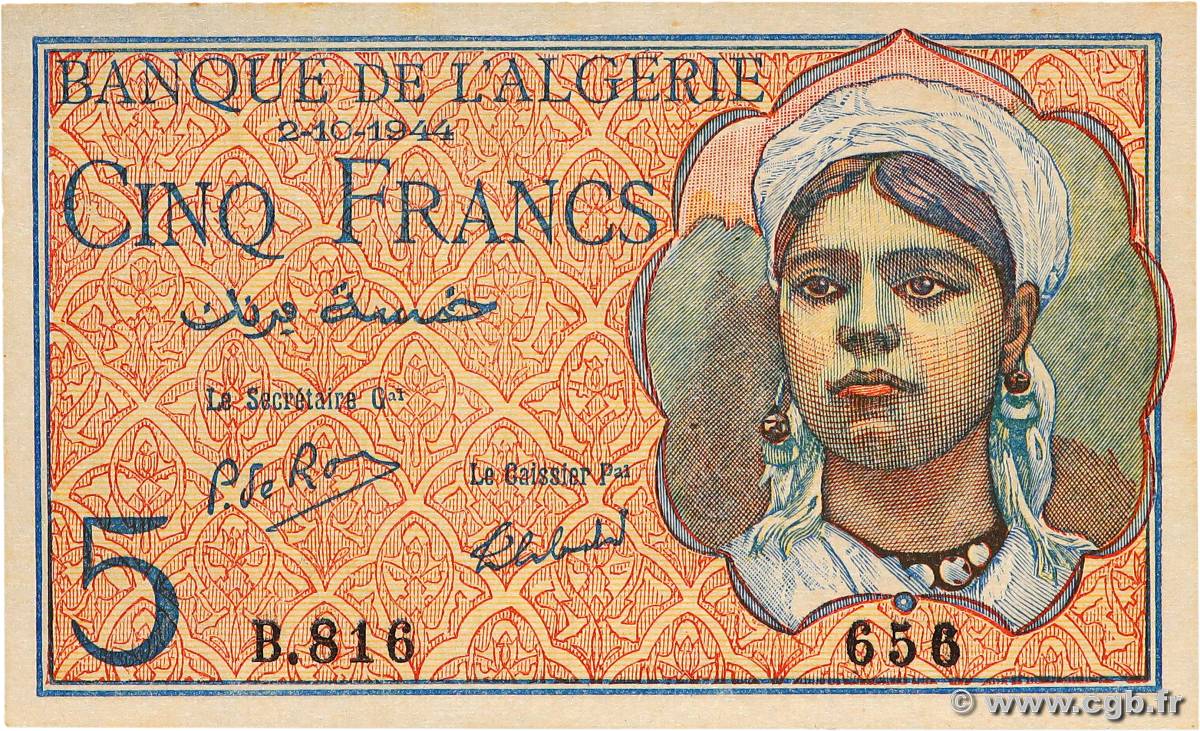 5 Francs ALGÉRIE  1944 P.094b pr.NEUF