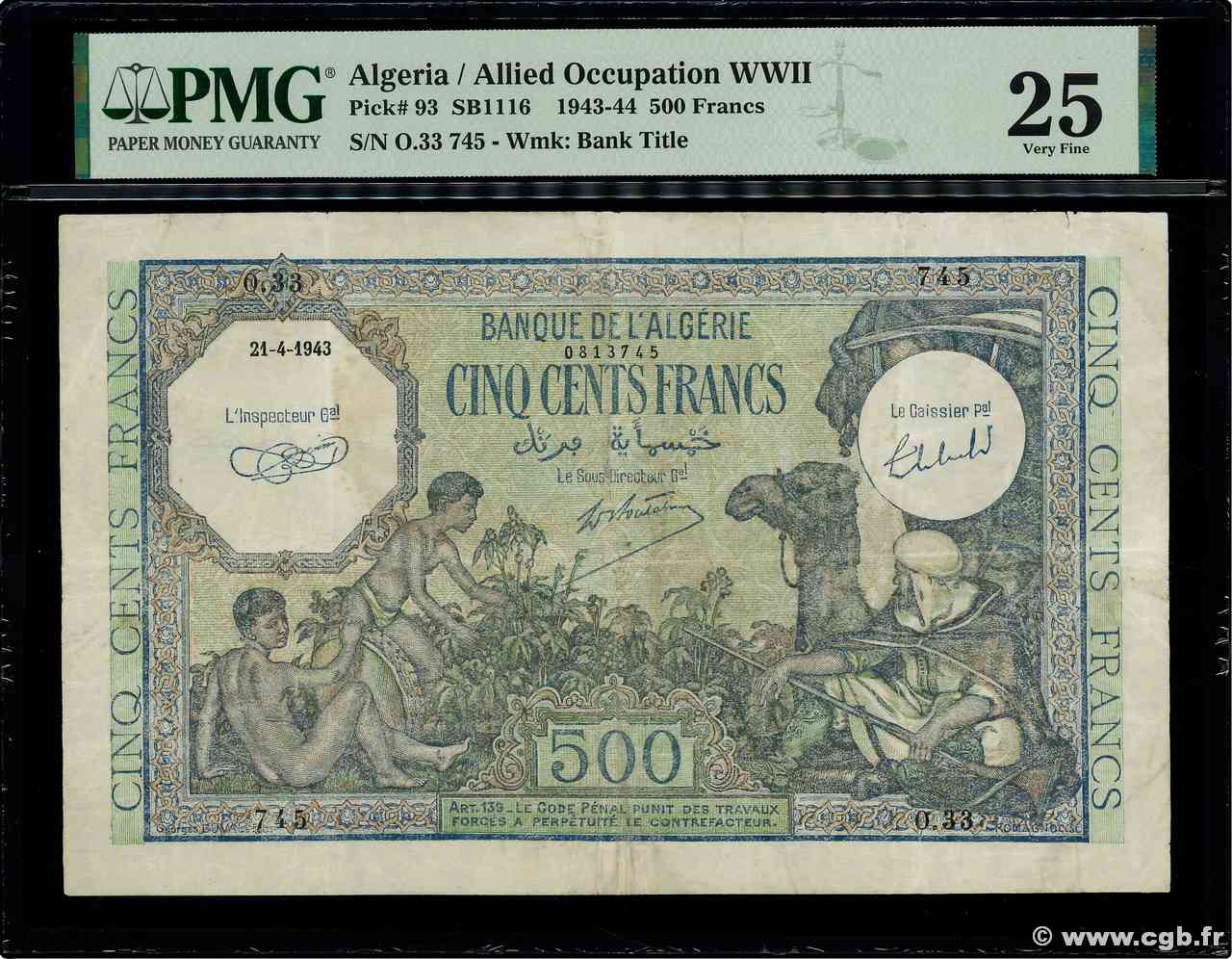 500 Francs ALGÉRIE  1943 P.093 TTB