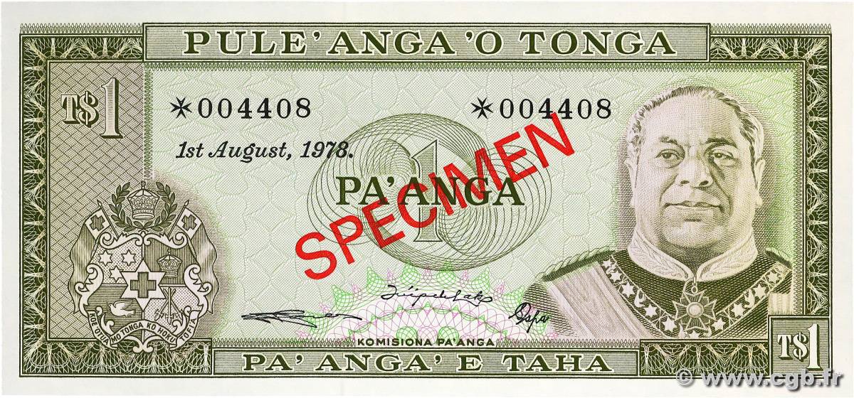 1 Pa anga Spécimen TONGA  1978 P.CS1  NEUF