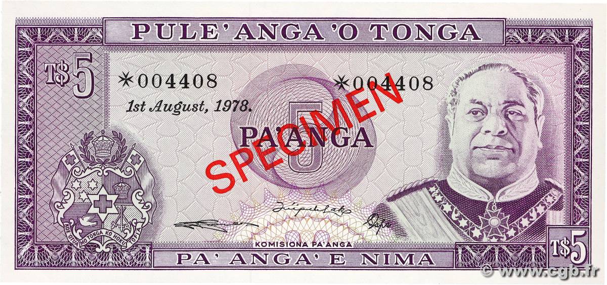 5 Pa anga Spécimen TONGA  1978 P.CS1  ST