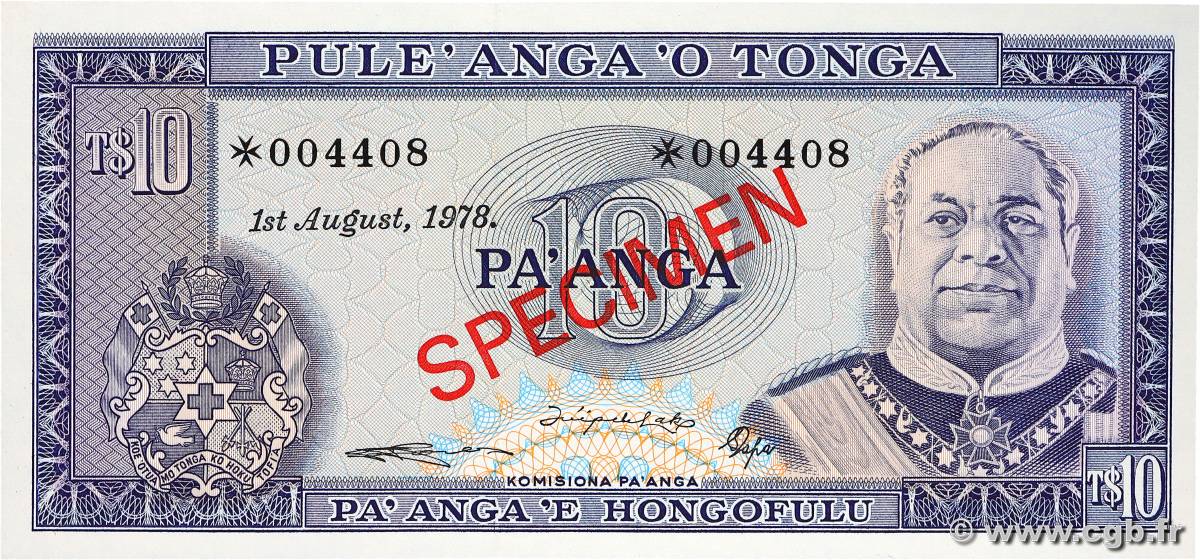 10 Pa anga Spécimen TONGA  1978 P.CS1  FDC