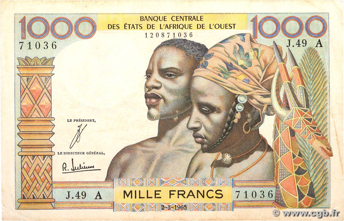 1000 Francs WEST AFRICAN STATES  1965 P.103Ad VF