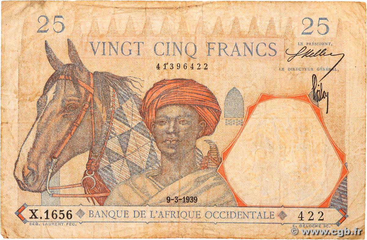 25 Francs FRENCH WEST AFRICA  1939 P.22 q.MB