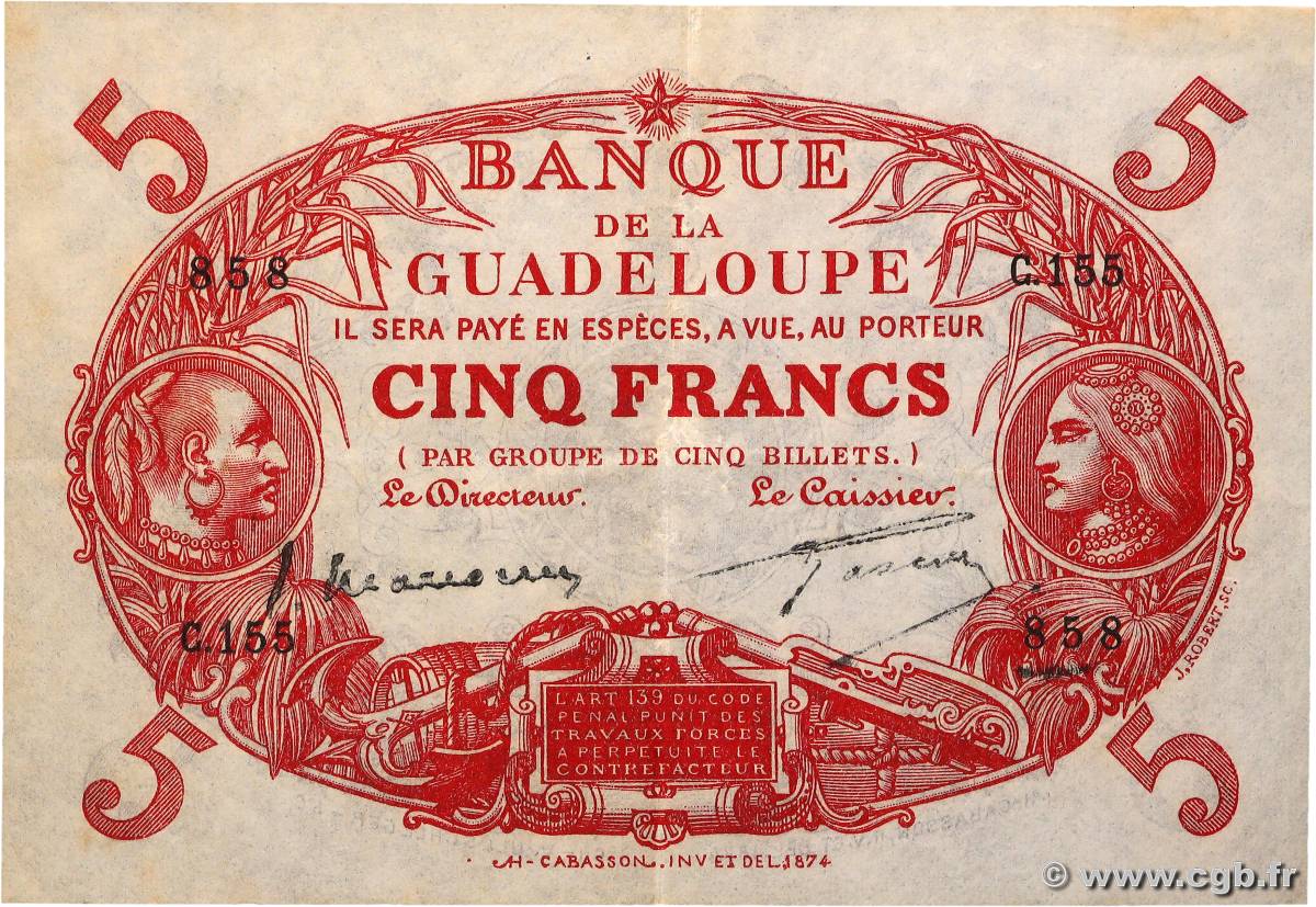 5 Francs Cabasson rouge GUADELOUPE  1943 P.07c XF-