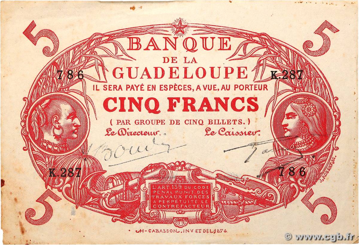 5 Francs Cabasson rouge GUADELOUPE  1945 P.07e VF-