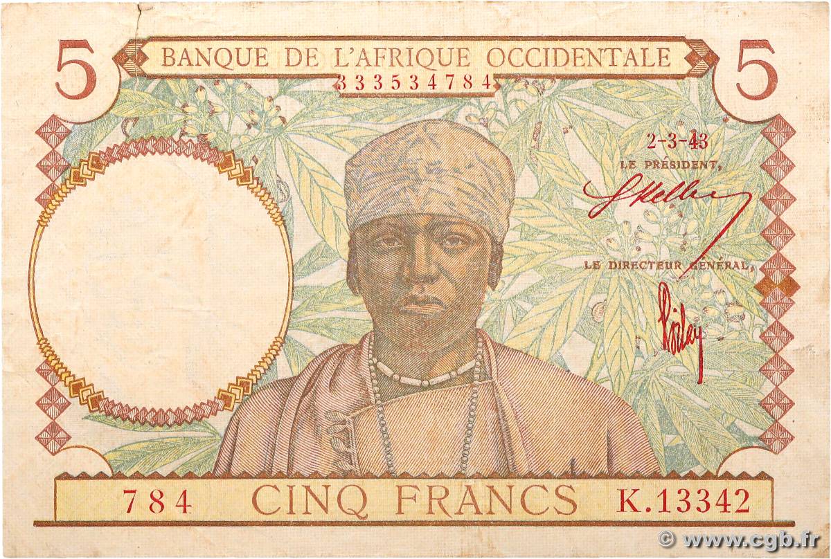 5 Francs FRENCH WEST AFRICA  1943 P.26 MB