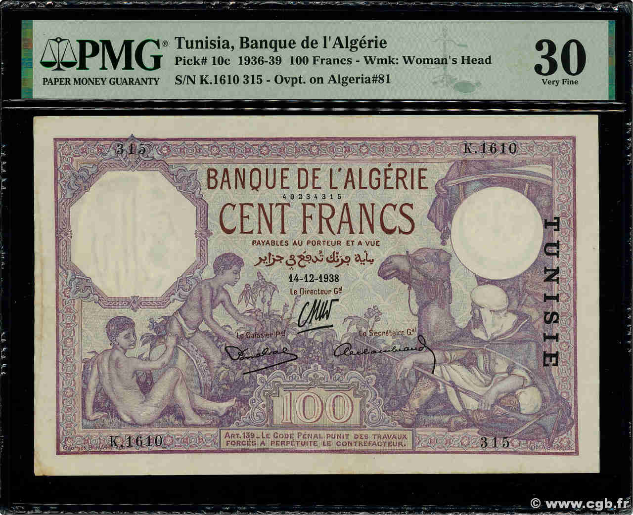 100 Francs TUNISIA  1938 P.10c VF