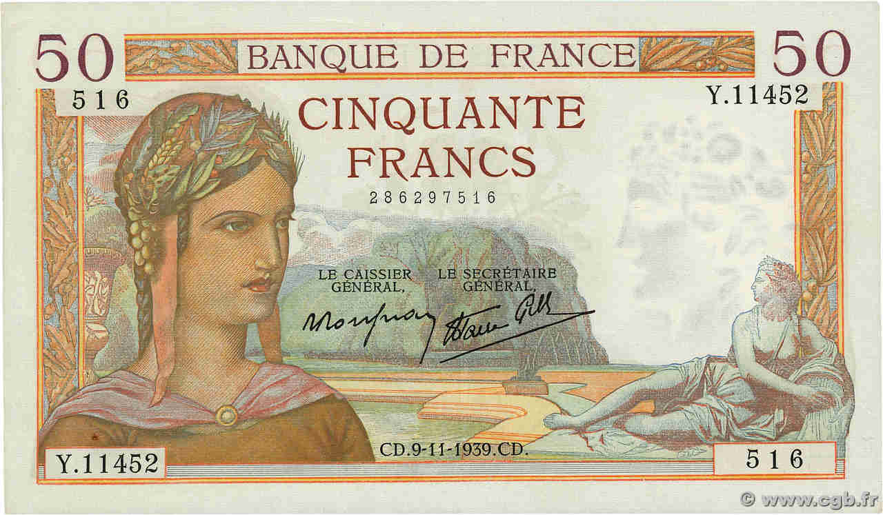 50 Francs CÉRÈS modifié FRANCE  1939 F.18.34 SUP+