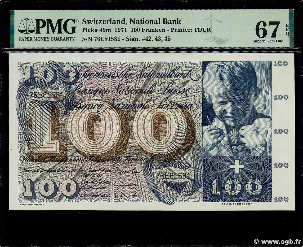 100 Francs Numéro spécial SUISSE  1971 P.49m FDC