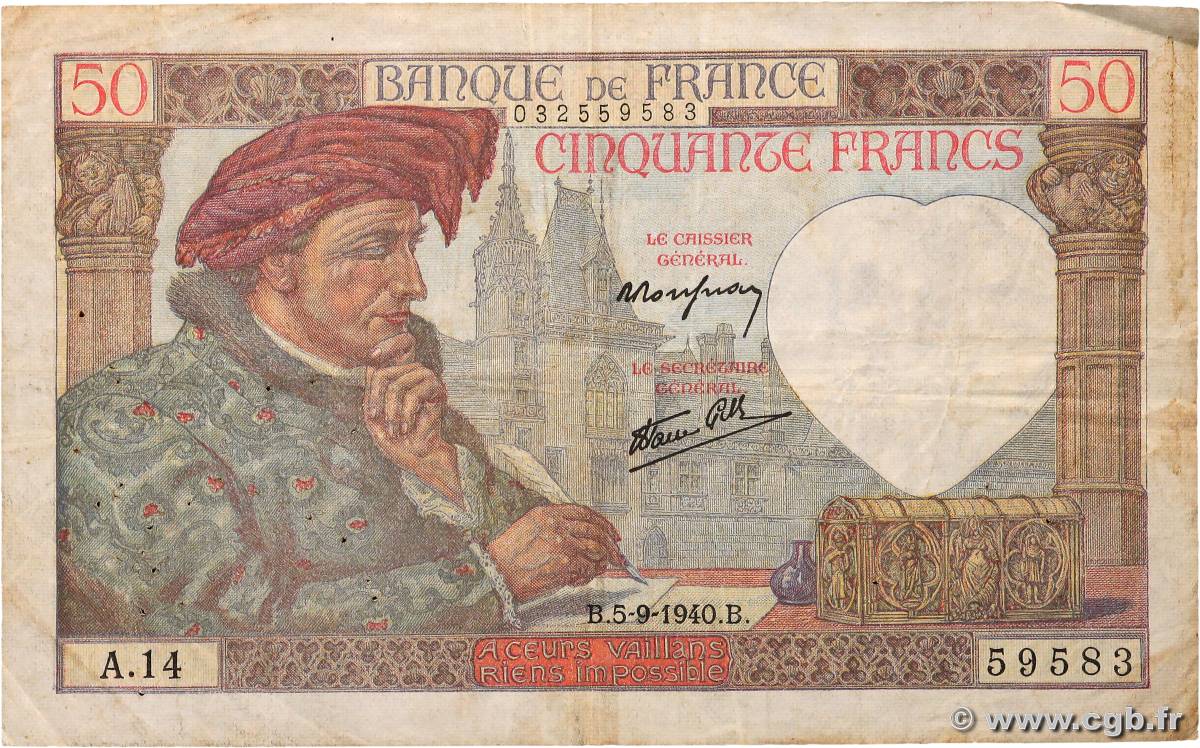 50 Francs JACQUES CŒUR FRANCE  1940 F.19.02 F