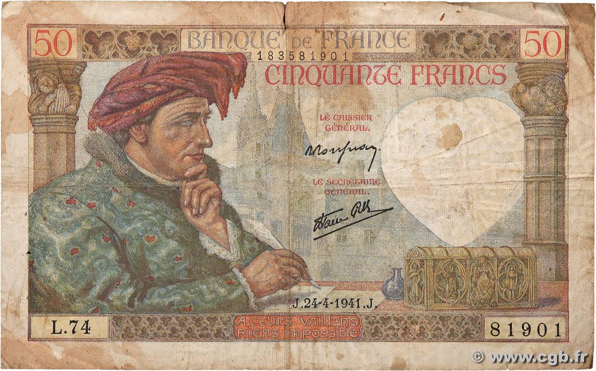 50 Francs JACQUES CŒUR FRANCE  1941 F.19.09 VG