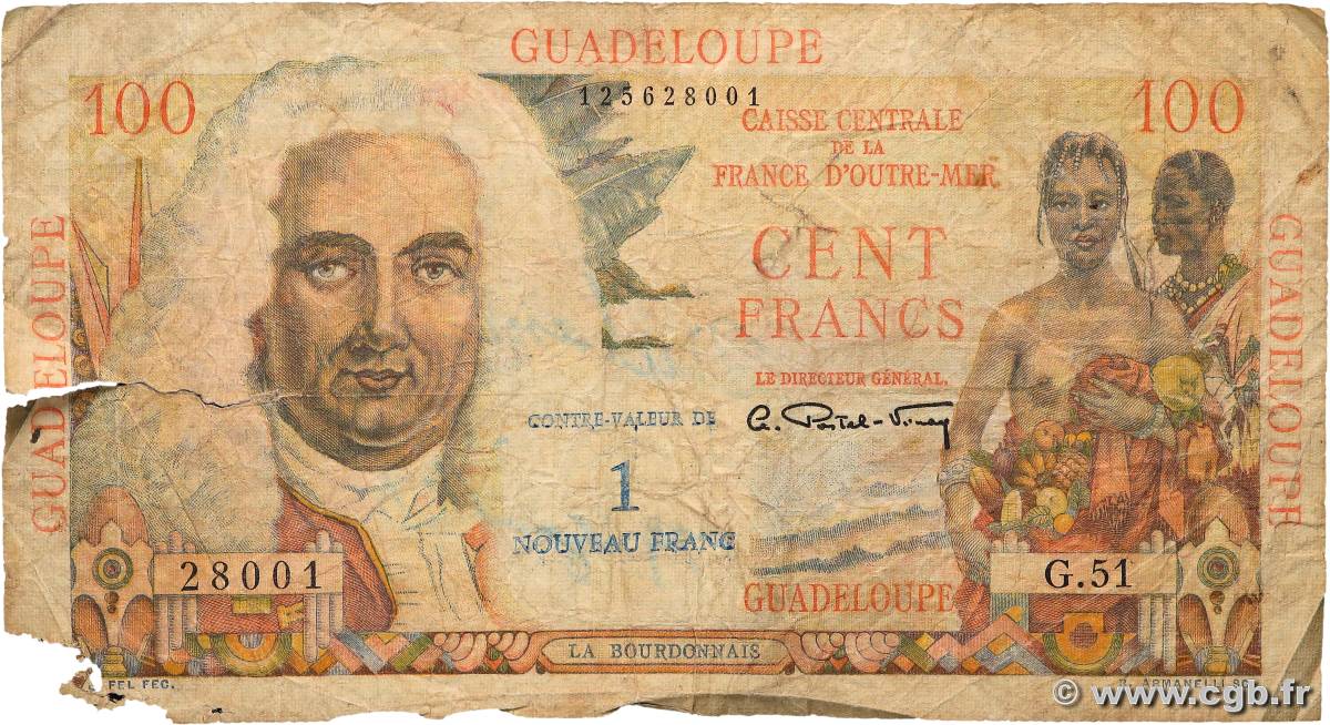 1 NF sur 100 Francs La Bourdonnais GUADELOUPE  1960 P.41 MC