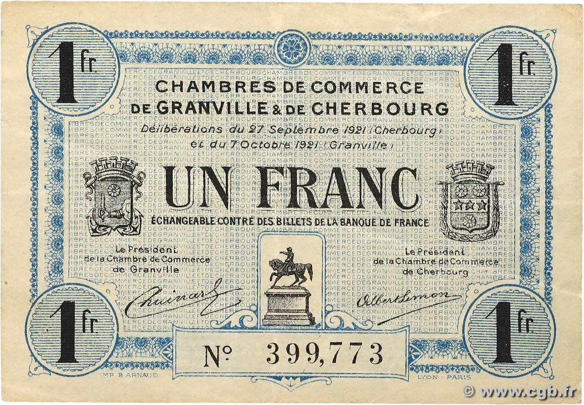 1 Franc FRANCE Regionalismus und verschiedenen Granville et Cherbourg 1921 JP.061.08 fVZ