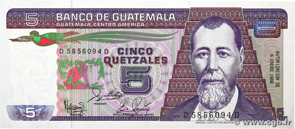 5 Quetzales GUATEMALA  1988 P.067 AU-