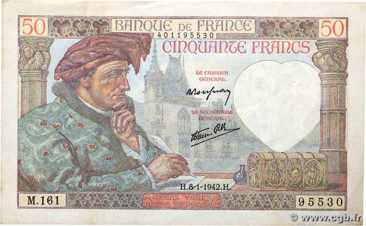 50 Francs JACQUES CŒUR FRANCE  1942 F.19.18 XF