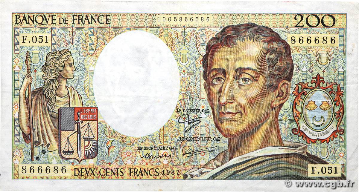 200 Francs MONTESQUIEU FRANCE  1987 F.70.07 F+