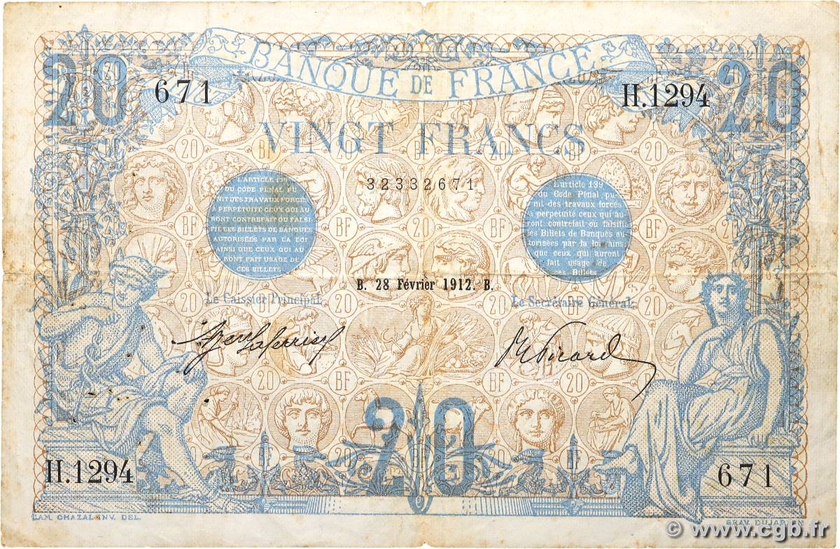 20 Francs BLEU FRANCIA  1912 F.10.02 q.BB