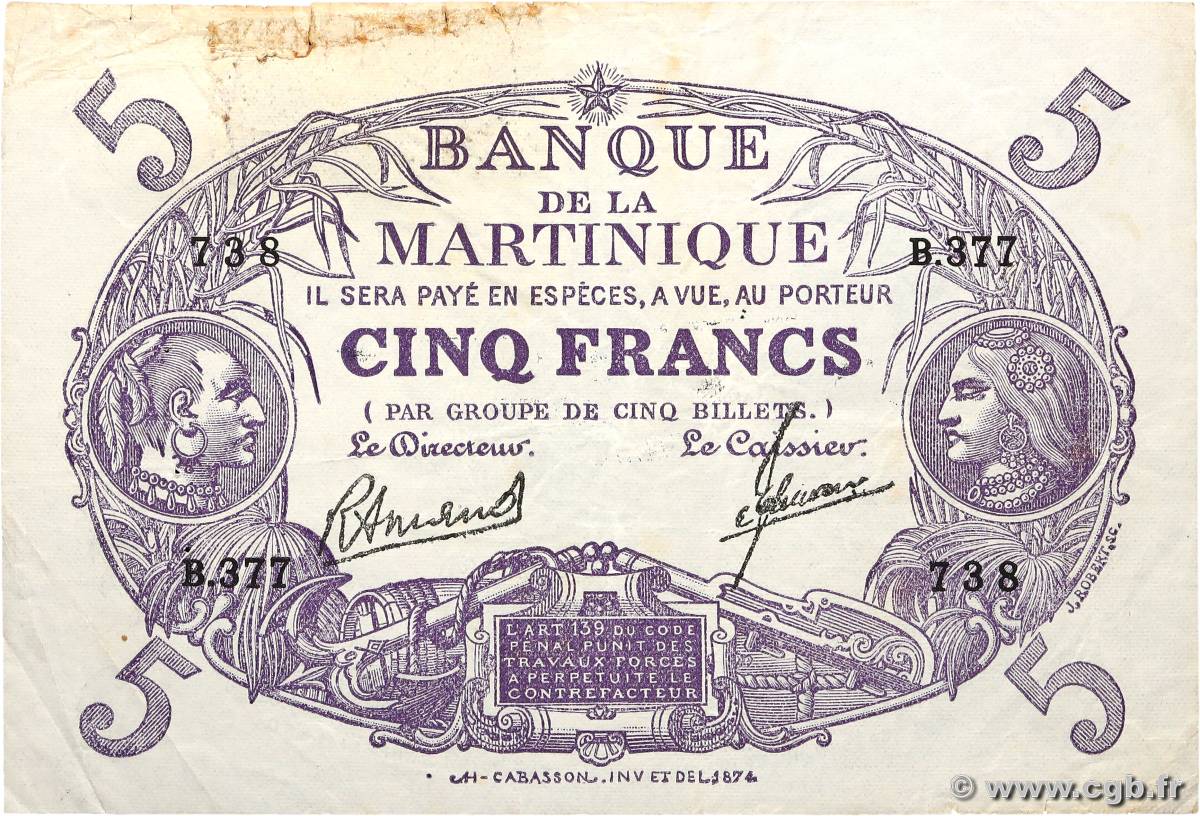 5 Francs Cabasson violet MARTINIQUE  1945 P.06 MB