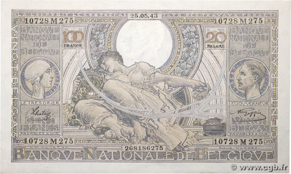 100 Francs - 20 Belgas BÉLGICA  1943 P.107 SC+