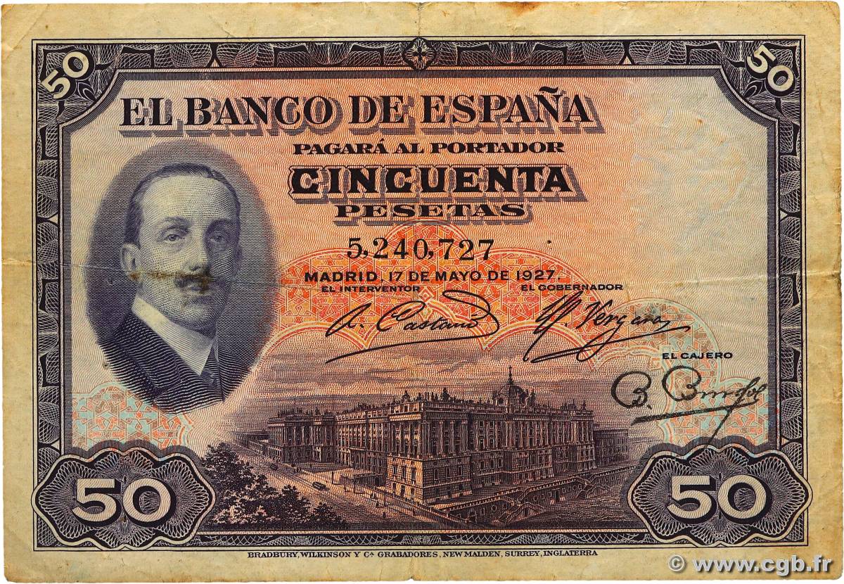 50 Pesetas ESPAGNE  1927 P.072a TB